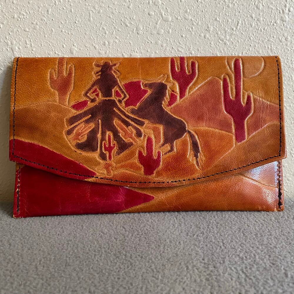 Vintage MTC 1992 Leather Fold Wallet Western Boho Southwest Cowgirl Horse Rodeo